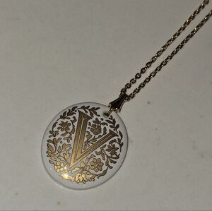 Vtg Crown Trifari 24" Gold Tone Necklace w Oval White Disc Pendant "V" Monogram